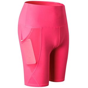 High Waist Mesh Sport Tight Elastic Quick Drying Fitness Shorts With Pocket (Color: Rose Red Size:L)