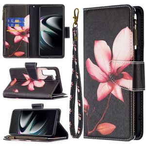 Voor Samsung Galaxy S22 + 5G Gekleurde Tekening Patroon Rits Horizontale Flip Telefoon Lederen Case met Houder & Card Slots & Portemonnee (Lotus)