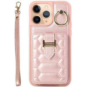 Voor iPhone 11 Pro Max Vertical Card Bag Ring Holder Phone Case met Dual Lanyard (Rose Gold)
