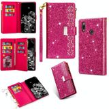 Voor Samsung Galaxy A40 Multi-card Slots Starry Sky Laser Carving Glitter Zipper Horizontale Flip Lederen Case met Holder & Wallet & Lanyard(Rose Red)