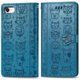 Voor iPhone 8/7 Cute Cat en Dog Embossed Horizontale Flip PU lederen hoes met houder / kaartslot / Portemonnee / Lanyard(Blauw)