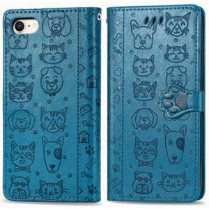 Voor iPhone 8/7 Cute Cat en Dog Embossed Horizontale Flip PU lederen hoes met houder / kaartslot / Portemonnee / Lanyard(Blauw)
