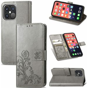 Voor iPhone 13 Pro Max Four-Leaf Clover Clasp Inmorting Buckle Mobiele Telefoon Bescherming Leren Case met Lanyard & Card Slot & Portemonnee & Bracket Functie (Grijs)