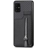 Voor Samsung Galaxy A51 5G Koolstofvezel Verticale Flip Rits Telefoon Case (Zwart)