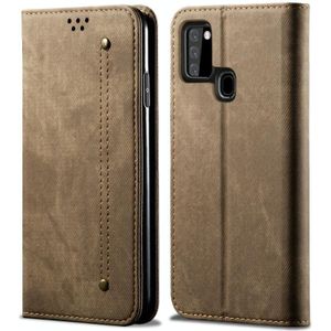 Voor Samsung Galaxy A21s Denim Texture Casual Style Horizontale Flip Lederen case met Holder & Card Slots & Wallet(Khaki)
