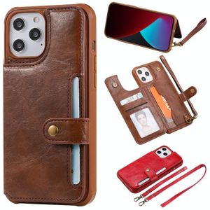 Schokbestendige horizontale flip beschermhoes met houder & kaartslots & portemonnee & fotolijst & korte lanyard voor iPhone 12 Pro Max(Koffie)