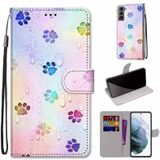 For Samsung Galaxy S22 5G Coloured Drawing Cross Texture Horizontal Flip Leather Phone Case with Holder & Card Slots & Wallet & Lanyard(Footprint Water Drops)