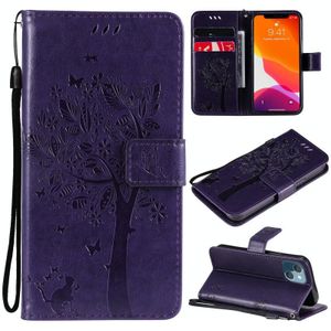 Tree & Cat Pattern Pressed Printing Horizontale Flip PU Lederen Case met Houder & Card Slots & Wallet & Lanyard voor iPhone 13 Mini (Paars)