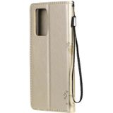 For OPPO Reno6 Pro 5G Tree & Cat Pattern Pressed Printing Horizontal Flip PU Leather Case with Holder & Card Slots & Wallet & Lanyard(Gold)