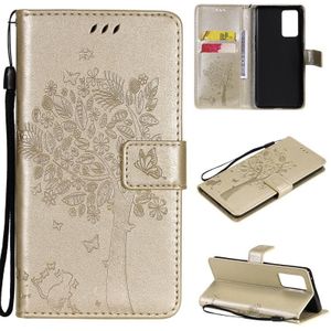 For OPPO Reno6 Pro 5G Tree & Cat Pattern Pressed Printing Horizontal Flip PU Leather Case with Holder & Card Slots & Wallet & Lanyard(Gold)