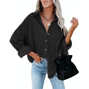 Effen kleur revers lange mouwen corduroy los casual shirt met zakken voor dames (kleur: zwart Maat: XL)