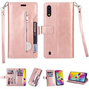 Voor Samsung Galaxy M10 / Galaxy A10 Multifunctionele Rits Horizontale Flip Lederen case met Holder & Wallet & 9 Card Slots & Lanyard(Rose Gold)