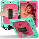 Voor iPad 10.2 Schokbestendige PC + Siliconen Combinatiecase met Holder & Hand Strap & Schouderband (MintGroen + Rose Red)