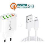 QC-04 QC3.0 + 3 x USB2.0 Multi-poorten oplader met 3A USB tot 8 PIN-gegevenskabel  EU-plug