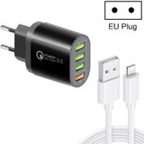 QC-04 QC3.0 + 3 x USB2.0 Multi-poorten oplader met 3A USB tot 8 PIN-gegevenskabel  EU-plug