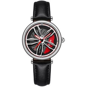 SANDA 1074 3D Hollow Out Wheel Non-rotatable Dial Quartz Watch for Women  Style:Leather Belt(Silver Red)