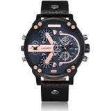Cagarny 6820 Round Large Dial Leather Band Quartz Dual Movement Watch for Men (Black Shell Black tussen Rose Gold Black Band)