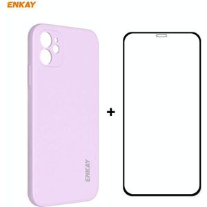 Voor iPhone 12 Hat-Prince ENKAY ENK-PC0682 Liquid Siliconen Straight Edge Shockproof Case + 0 26mm 9H 2.5D Full Glue Tempered Glass Film (Paars)