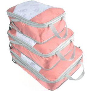 3 stuks / set reis waterdichte compressie kleding opbergtas (roze met net)