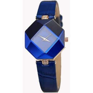 Gem cut geometrie Crystal Leather quartz horloge mode horloge voor dames (blauw)