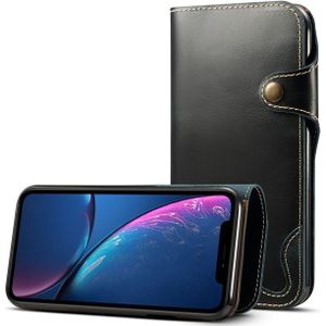 Voor iPhone XR Denior Oil Wax Cowhide Magnetic Button Horizontal Flip Leather Case with Card Slots & Wallet(Dark Blue)
