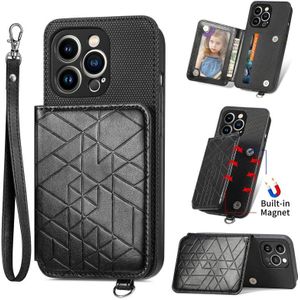 Geometric Wallet Phone Case with Lanyard For iPhone 13 Pro Max(Black)