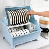 Multifunctionele Keuken Tafelkwaren Kommen Eetstokjes Opbergdoos Grote Double-layer Drain Rack met deksel (Blauw)