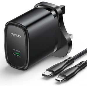 Yesido YC76BL PD 20W USB-C / Type-C poort snellader met Type-C naar 8-pins kabel  UK-stekker