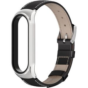 For Xiaomi Mi Band 6 / 5 / 4 / 3 Mijobs CS First Layer Cowhide Replacement Watchband(Black + Silver)