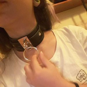 Europese en Amerikaanse Harajuku PU leder Sliver n Ring kraag brede straat-Snap nachtclub O-vormige Choker Necklace(Blue)