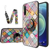 For Samsung Galaxy Note10 Painted Ethnic Pattern Tempered Glass TPU Shockproof Case with Folding Magnetic Holder & Neck Strap(Checkered)