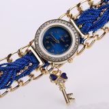 Vrouwen ronde Dial Diamond gevlochten hand strap quartz horloge met sleutelhanger (blauw)