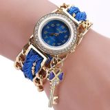 Vrouwen ronde Dial Diamond gevlochten hand strap quartz horloge met sleutelhanger (blauw)