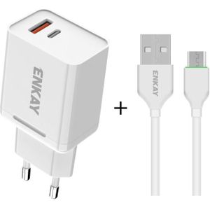 ENKAY Hat-Prince T030 18W 3A PD + QC3.0 Dual USB Snellaadstroomadapter EU Plug Portable Travel Charger met 1m 3A Micro USB-kabel