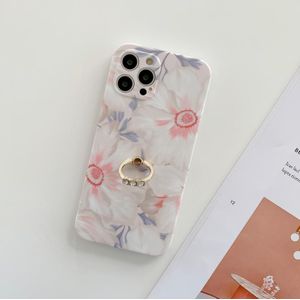 Voor iPhone 11 Pro Frosted Flowers Patroon IMD TPU Casewith Metal Diamond Ring Holder (Pink)