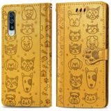 Voor Galaxy A70/A70S Cute Kat en Hond relif horizontale flip lederen zaak met beugel / card slot / portemonnee / Lanyard (Geel)