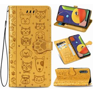 Voor Galaxy A70/A70S Cute Kat en Hond relif horizontale flip lederen zaak met beugel / card slot / portemonnee / Lanyard (Geel)