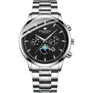 Fngeen 5781 Multifunctionele Sports Waterdichte Quartz Horloge (White Steel Black Surface)