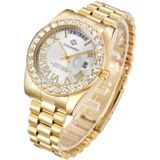 Cagarny 6886 Diamant-ingelegde Romeinse cijfer Dial Quartz Watch voor mannen (Gold Shell White Dial)