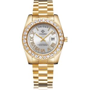 Cagarny 6886 Diamant-ingelegde Romeinse cijfer Dial Quartz Watch voor mannen (Gold Shell White Dial)