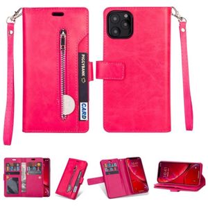 Voor iPhone 11 Pro Multifunctionele Rits Horizontale Flip Lederen case met Holder & Wallet & 9 Card Slots & Lanyard(Rose Red)