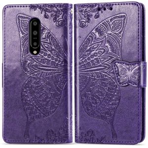 Butterfly Love bloemen relif horizontale Flip lederen case voor OnePlus 7 Pro  met houder & kaartsleuven & portemonnee & Lanyard (donker paars)
