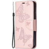 Voor iPhone 12 Pro / Max Embossing Two Butterflies Pattern Horizontal Flip PU Leather Case met Holder & Card Slot & Wallet & Lanyard(Rose Gold)