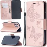Voor iPhone 12 Pro / Max Embossing Two Butterflies Pattern Horizontal Flip PU Leather Case met Holder & Card Slot & Wallet & Lanyard(Rose Gold)