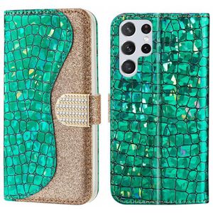 Voor Samsung Galaxy S23 Ultra 5G Laser Glitter Poeder Krokodil Textuur Lederen Telefoon Case (Groen)