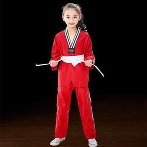 Kind Volwassen Katoen Mannen En Vrouwen Taekwondo Kleding Training Uniformen  Maat: 130 (Plus Bar Rood)