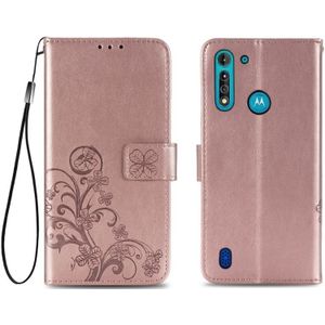 Voor Motorola Moto G8 Power Lite Vierbladige gesp relif gesp mobiele telefoon bescherming lederen case met Lanyard & Card Slot & Wallet & Bracket Functie (Rose Gold)