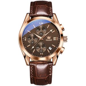 OLEVS 2872 heren drie ogen zes naalden chronograaf waterdicht quartz horloge (koffie + ros goud)