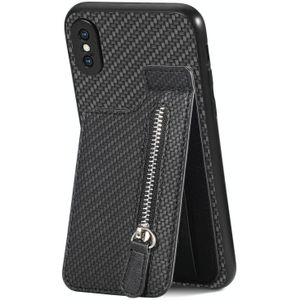 Voor iPhone X / XS Koolstofvezel Verticale Flip Rits Telefoon Case (Zwart)