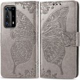 Voor Huawei P40 Pro Butterfly Love Flower Embossed Horizontale Flip Lederen Case met bracket / card slot / Wallet / Lanyard(Grijs)